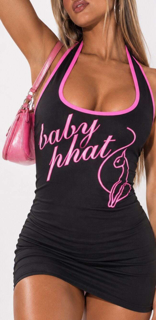 Baby Phat Women’s Size S Black Pink Halter Bodycon Mini Party Tank Dress Y2K NWT
